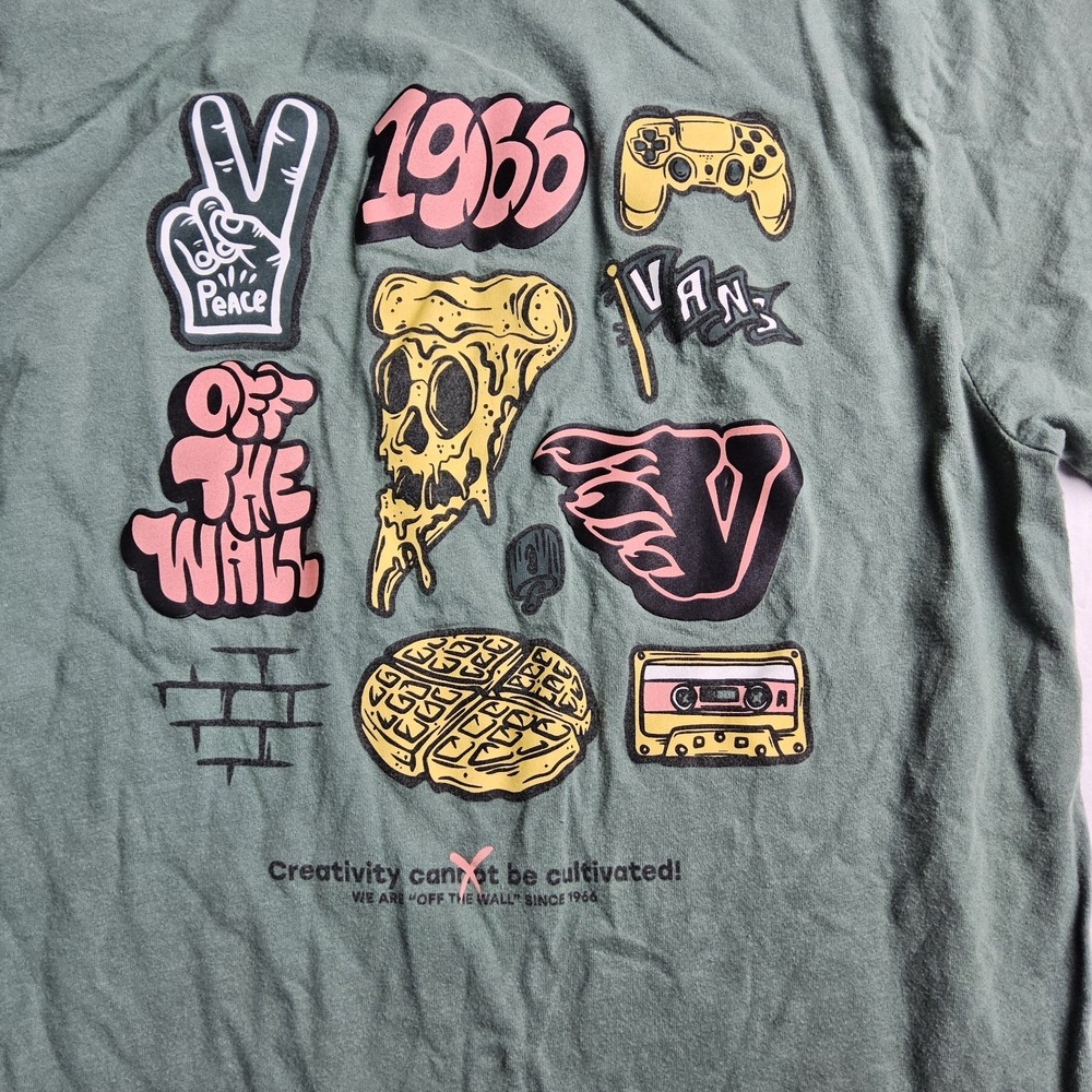 Vans Off The Wall Graphic T-Shirt Boys XL 18/20 Green Pizza Skate Surf Tee Retro